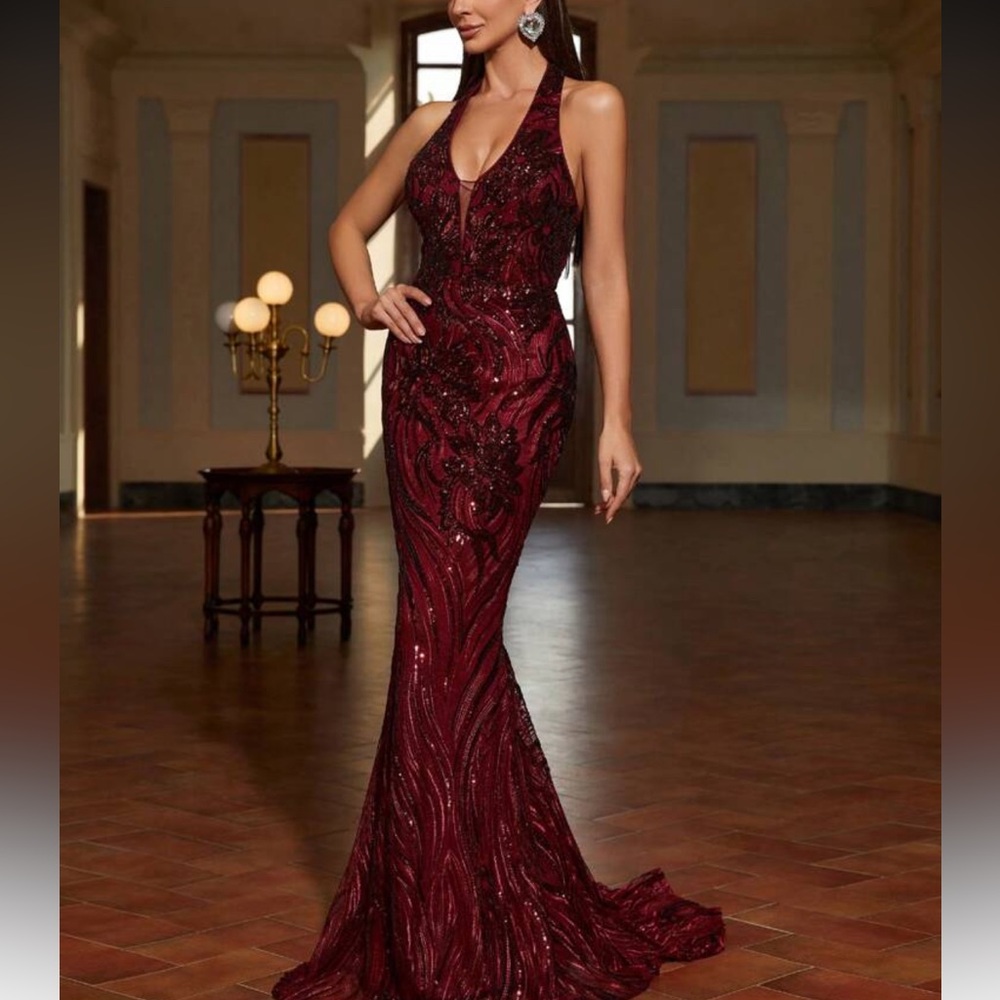 Luxe plunging V neck sequins mermaid hem party formal evening bridesmaids dress - Picture 6 of 6